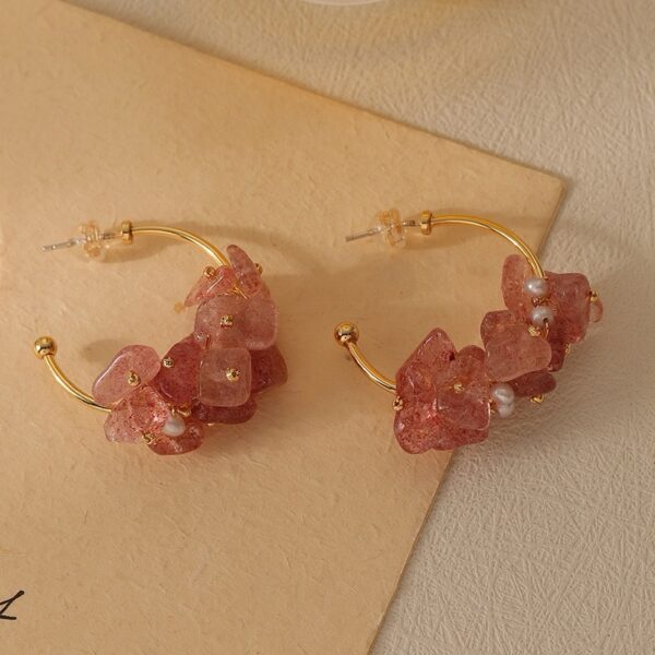 00495 新款手工编织缠绕粉色天然草莓晶淡水珍珠耳环925银针c型夏日耳饰