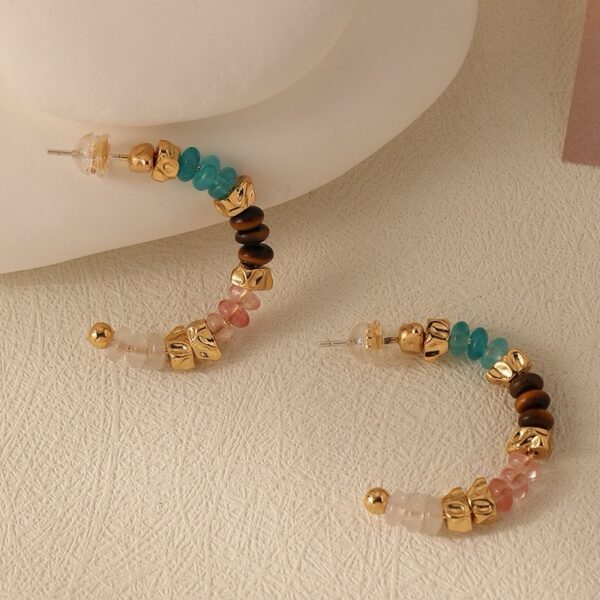 00383 彩色天然石串珠925银针耳圈女